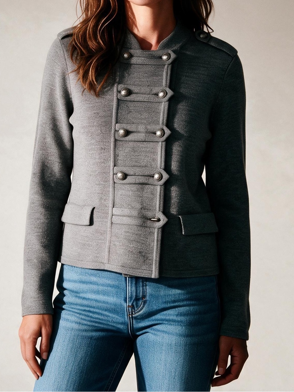Gray Merino Wool Blend Napoleon Sweater Jacket Military Cardigan Large